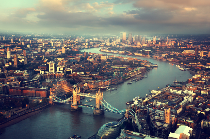 London aerial view with Tower Bridge in sunset time transfer money from the UK to Australia