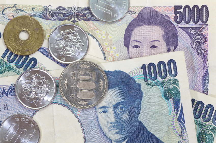 Japanese Yen currency dollar notes and coins