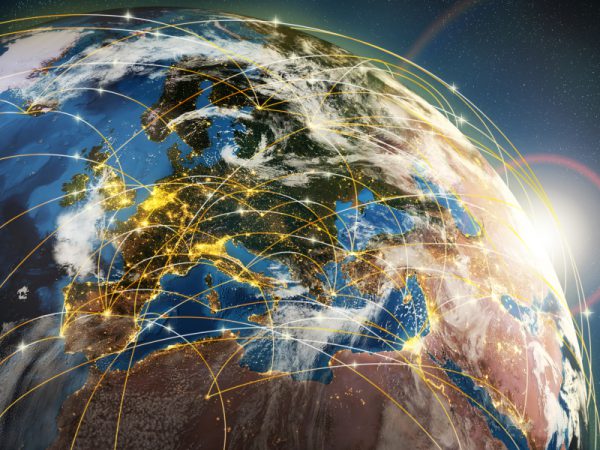 Globalization or communication concept. Earth and luminous rays international money transfers to USA
