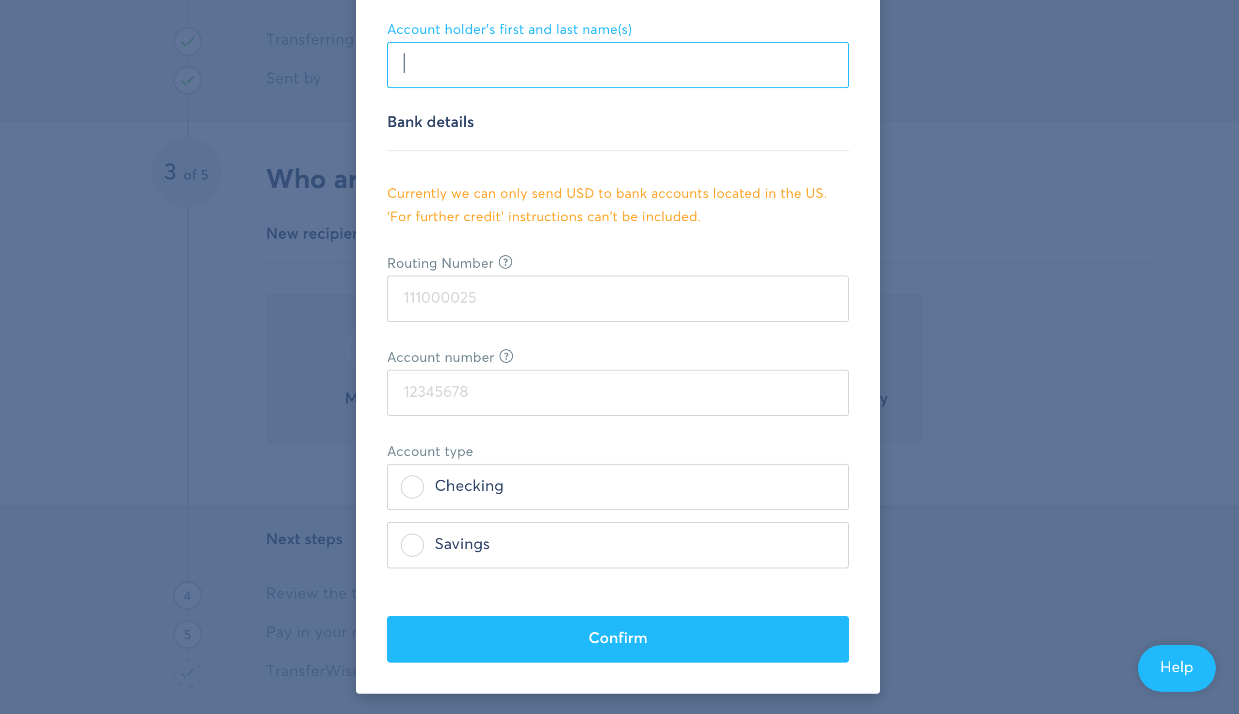 Screenshot of how to input bank details when transferring money online