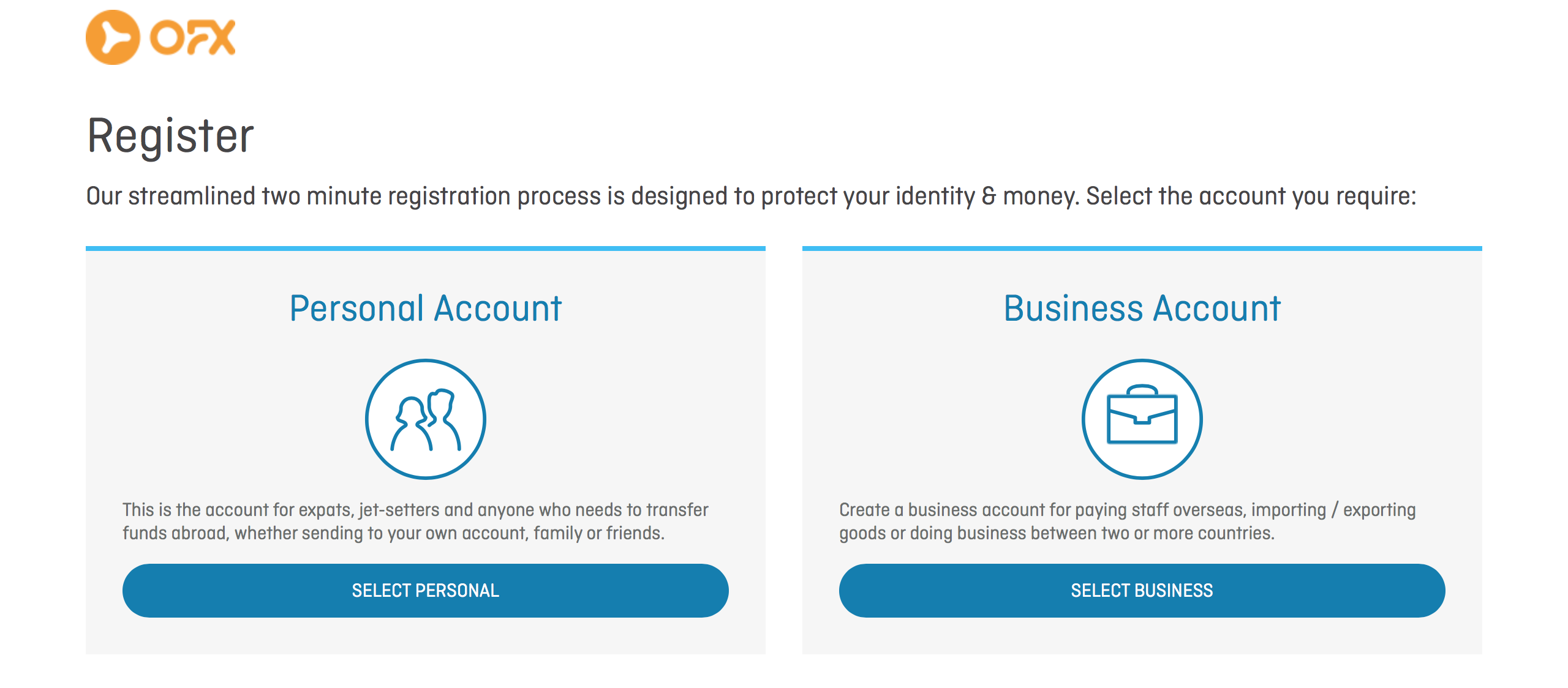 Register with OFX through personal account business account