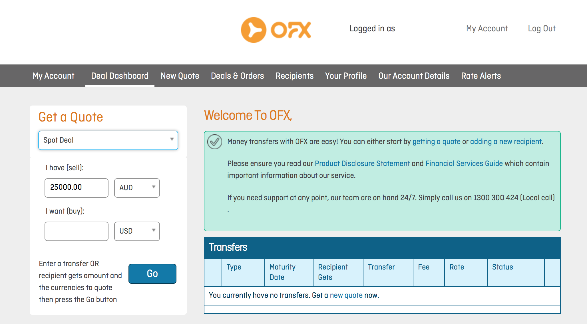 Money transfer with OFX homepage
