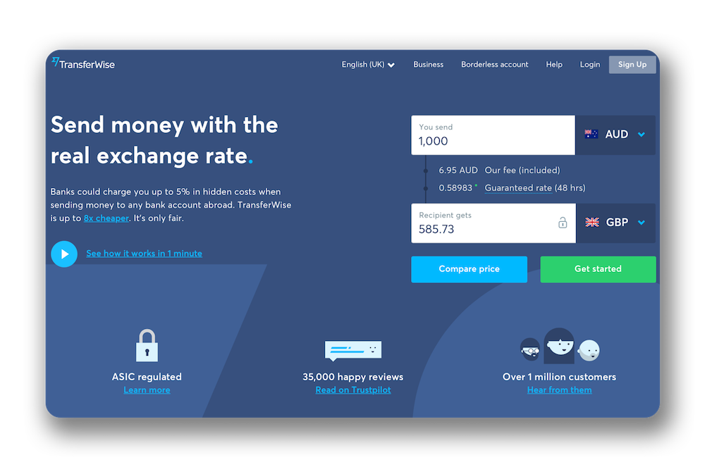 Transferwise screen TransferWise website screenshot.