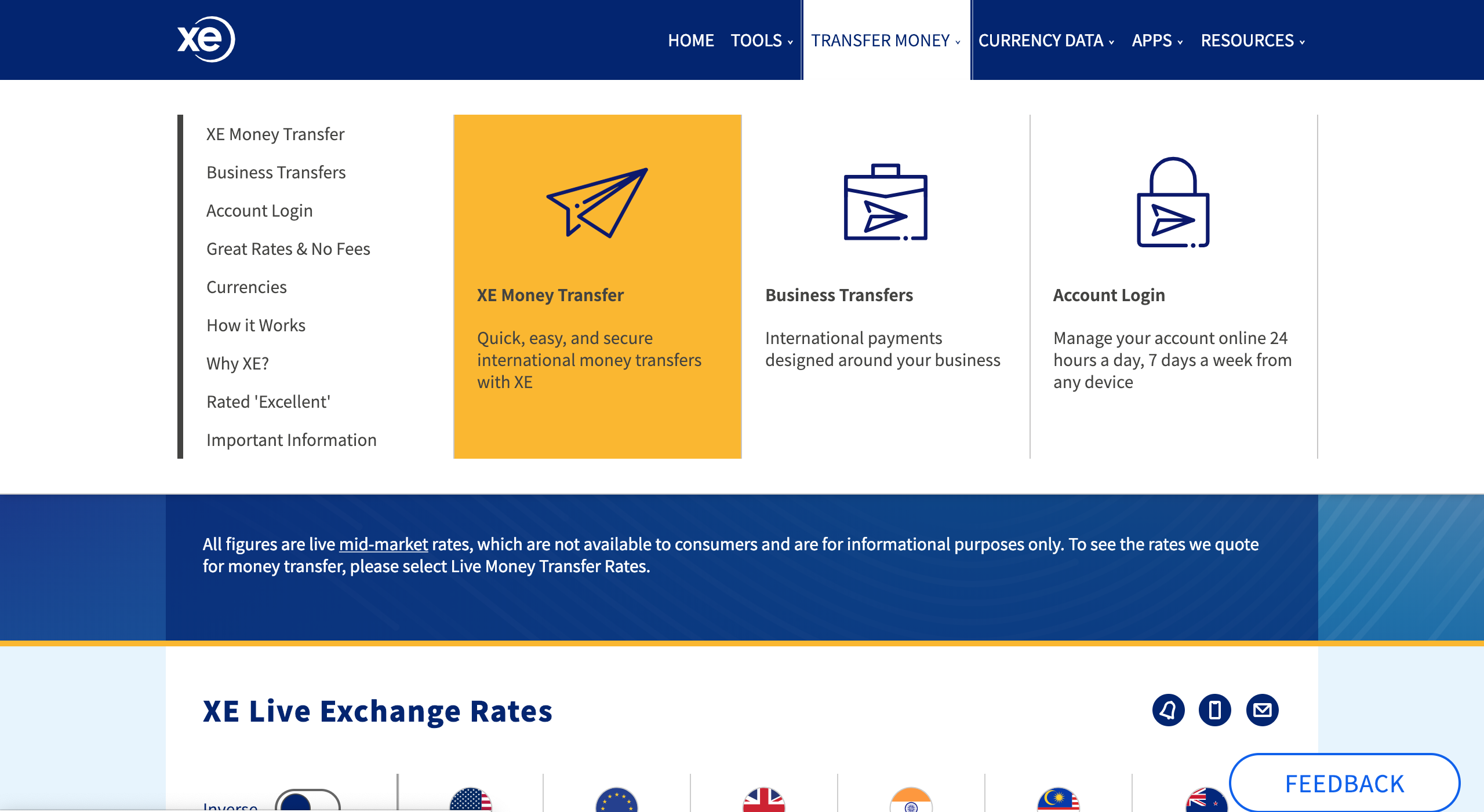 Screen Shot 2019-02-04 at 7.33.40 pm A picture of XE's home screen. Click on XE money transfer to start.