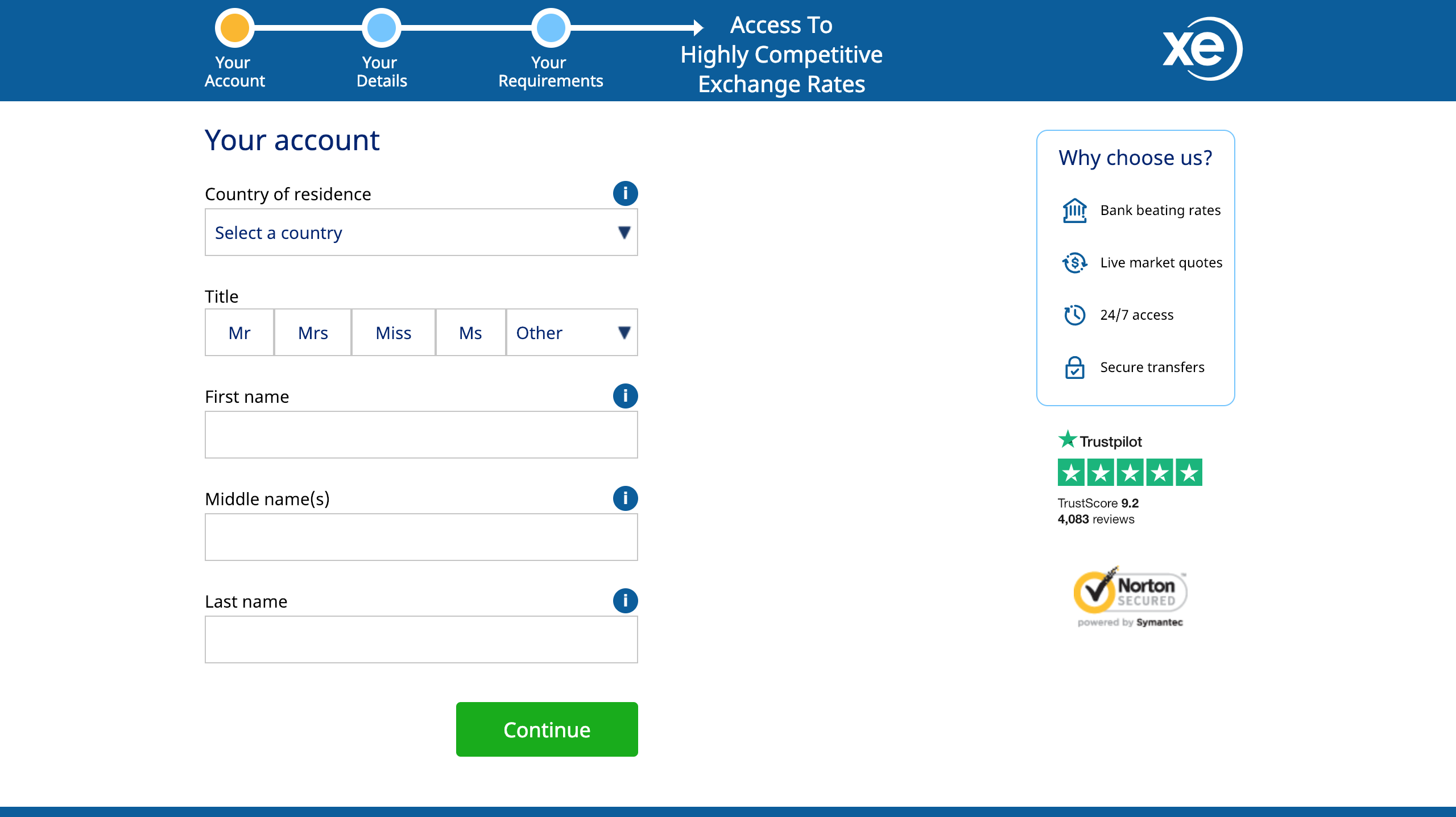 Screenshot showing where to fill in your details on the XE website. 