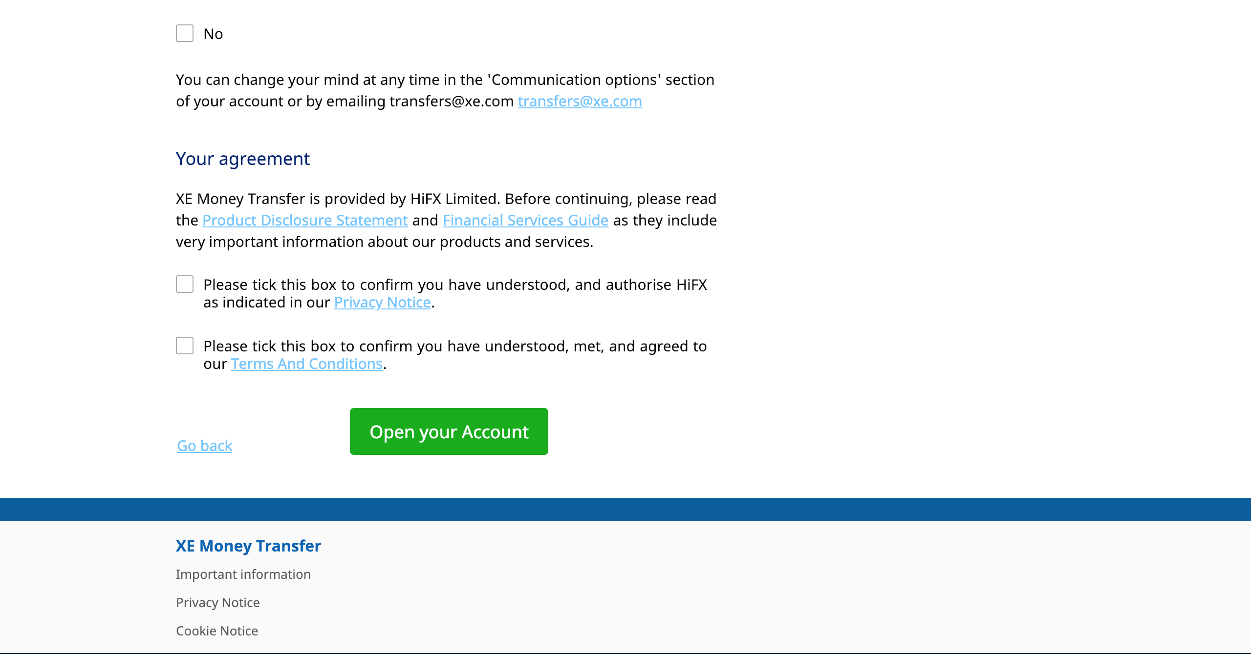The final screen of setting up your XE account. It is where you need to accept terms, conditions and privacy policy.